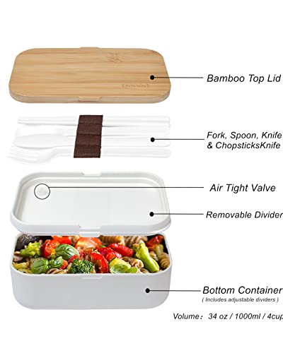 Bento Box Adult Lunch Box Containers - Japanese, Natural Bamboo Lid, Microwave safe, Dishwasher Safe, Small, Bpa free, Women, Cutlery & Chopsticks - color: White