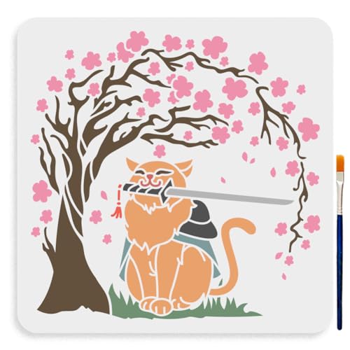 MAYJOYDIY Cherry Blossoms Cat Stencil 11.8×11.8inch Large Katana Stencil with Paint Brush Square Japanese Style Drawing Template for Wood Walls Canvas Furniture Crafts Art Projects - color: Cherry Blossoms Cat