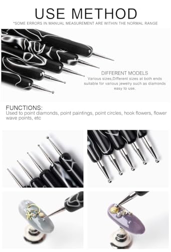 5Pcs Nail Dotting Tools Double-Ended Nail Art Embossing Stylus - color: Black
