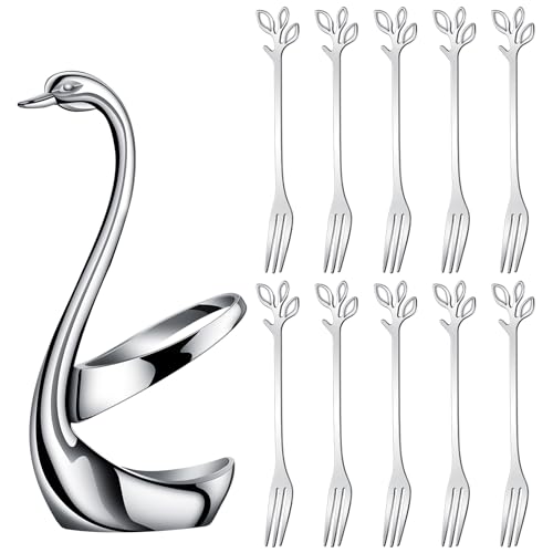 AnSaw Silver Swan Base Holder Set with 10-pcs Mini Leaf Dessert Forks-4.7" - color: Silver Swan