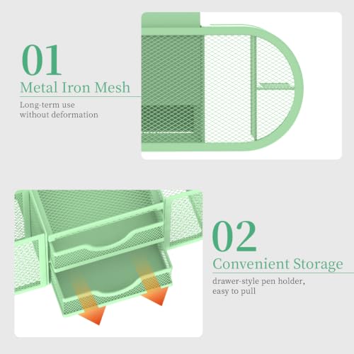 SUPEASY Mesh Desk Organizer, Pen Holder for Desk with 2 Drawers, MintGreen - color: Mint Green