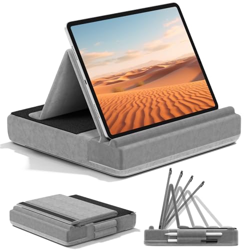 KDD Tablet Pillow Stand, Multi-Angle Viewing Ipad Holder for Lap, Bed and Desk, Foldable Soft Pad Dock with Stylus Mount Compatible with Ipad Pro 12.9, 10.5, 11, Air, Mini, Phones, Books, E-Reader - color: Grey