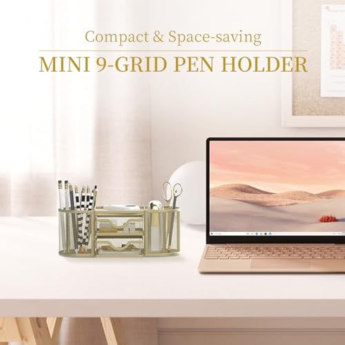 SUPEASY Mesh Desk Organizer, Pen Holder for Desk with 2 Drawers, Yellow - color: Golden Yellow