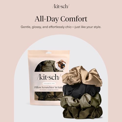 Kitsch Pillow Satin Scrunchies for Women - Black, 4pcs - color: Black (4 pcs)