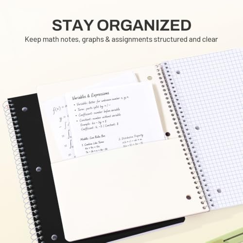 SUNEE Spiral Notebook, 1-Subject, Graph Ruled Paper, 8" x 10-1/2", 100 Sheets per Notebook, 3-Hole Punched Paper, Water Resistant Cover, Spiral Grid Notebooks for Work, Home, School, Writing, Black - color: Black