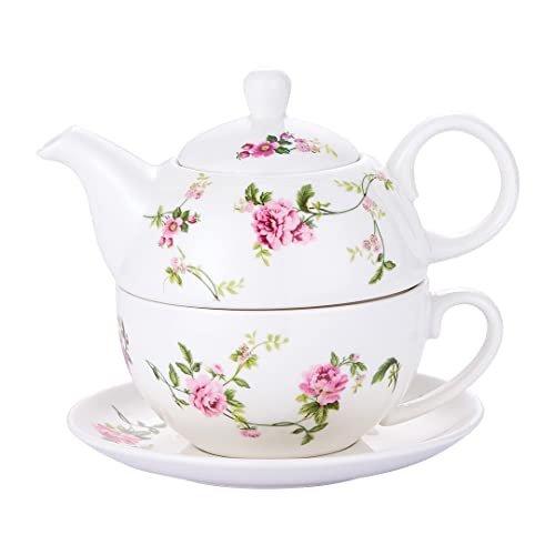 Tea for One Set, Teapot and Cup Set, Rattan Flower Design - color: Pink flower