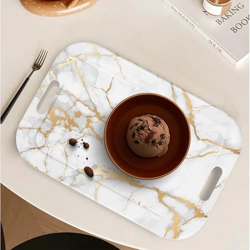 Serving Trays with Handles, 14.5 x 9.8 inch Rectangular Plastic Tray for Restaurant, Kitchen, Golden White Marble - color: Golden White Marble