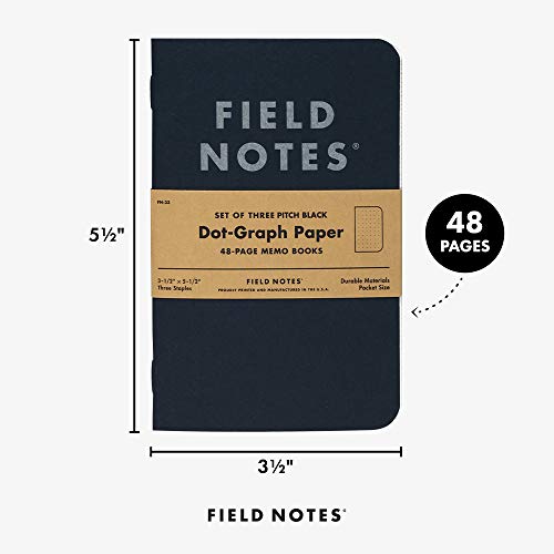 Field Notes 3-Pack Pitch Black Memo Books (3.5" X 5.5"), Dot-Graph, 48 Pages | Thin Pocket Sized EDC Notebook With 90 GSM Paper & Paperback Cover | Work Notebooks For Note Taking | Made in the USA - size: Small Size (3.5" x 5.5") 3-Pack - Dot-Graph Paper