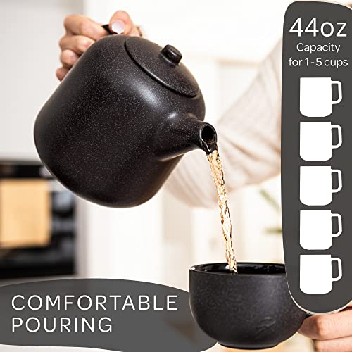 Steinzeit Design Tea Pot (44 oz) - Premium Ceramic Teapot with Infuser for Loose Tea - Black Teapot Ceramic with Removable Strainer - size: 44 oz without warmer