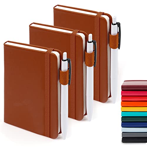 feela 3 Pack Pocket Notebook Journals, Mini Cute Small Journal Notebook Bulk Hardcover College Ruled Notepad with Pen Holder for Office School Supplies, with 3 Black Pens, 3.5”x 5.5”, A6, Brown - color: 3 Brown