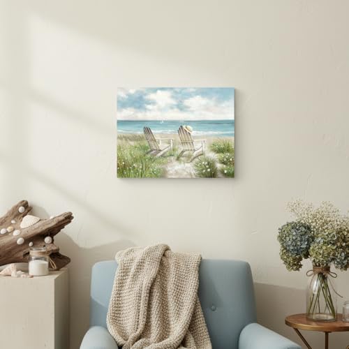 arttitue Seascape Wall Art Canvas Picture: Beach Chair Seascape Print Decor Ocean Coastal Scene Painting Seaside Sea Wave Grass Artwork for Bathroom Living Room - color: Beach Chair, size: 16"L x 11"W