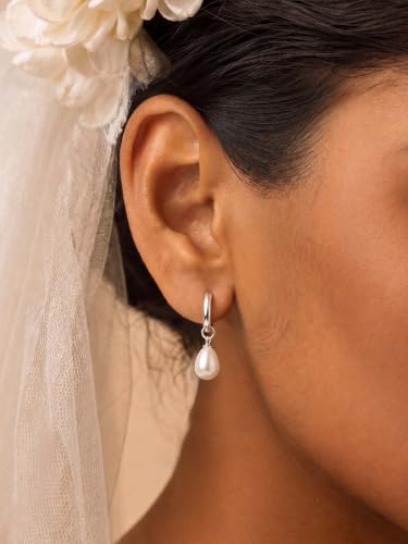 Pearl Earrings for Women,14K Gold/Silver Plated Dangle Drop Earrings - color: silver