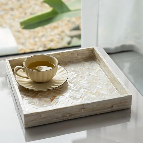 PEMAR 11" Square Mother of Pearl Decorative Tray - Herringbone Shell - color: Creamy White Herringbone