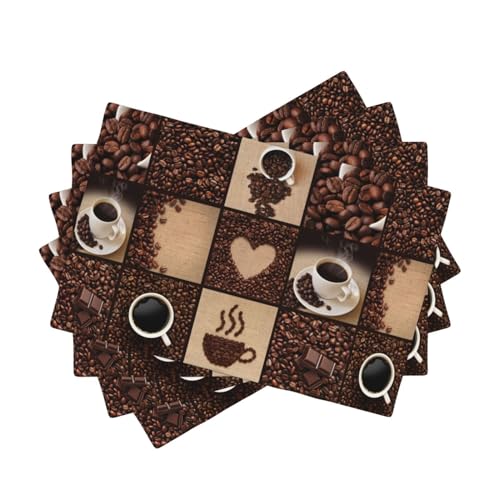 Coffee Print Placemats - Rectangle Modern Art Cup and Bean Abstract Heart Design - Linen Place Mats Set of 4 for Dining Room, Kitchen, Living Room, Party - color: Coffee-1, size: 12x18"Placemats x4