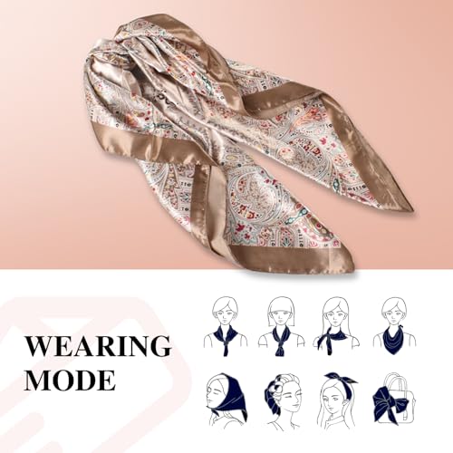 35 Inches Silk Head Scarf-Satin Hair Scarves Silk Bandana Scarf Headscarf for Women's Fashion Scarves - color: Large Floral Cashew Nut - Brown