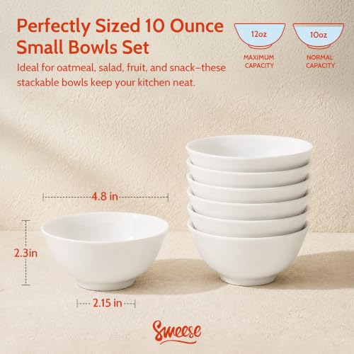 Sweese 10 oz Small Ceramic Bowls Set of 6, 4.8 Inch White Serving Bowls for Yogurt, Fruit, Dessert, Snacks and Small Portions, Stackable Porcelain Bowls for Everyday Use - color: White, size: 10oz (Medium)