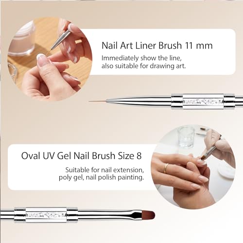 2Pcs Professional Hard Gel Nail Brushes, Dual-Ended Builder Gel Brush Set with Rhinestone Handle, Oval & Liner Brushes for French Tip, Acrylic & Polygel Application