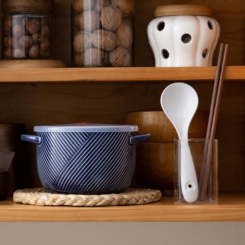 Ceramic Ramen Bowl with Lid, 32oz Microwave Safe, Navy Blue - color: Navy