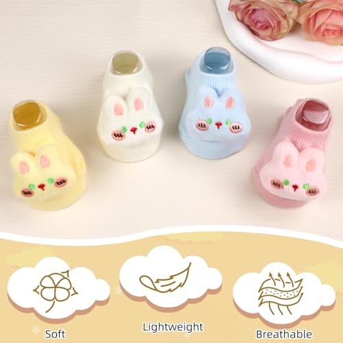 4 Pairs Baby Girl Socks with Non-Slip Grips,Cute Rabbit Low Cut Ankle Socks for Newborn Toddler Infants 0-6 Months - color: Pink Blue White Yellow