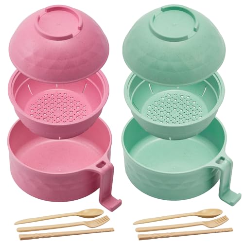 2 Sets 40 oz Microwave Ramen Bowl with Handles, Pink, Light Green - color: Pink, Light Green