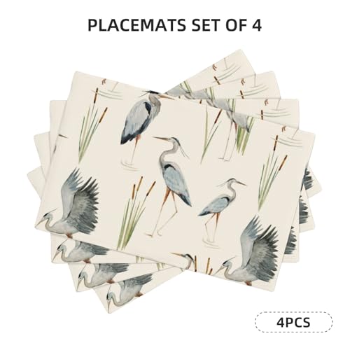 Grey Heron Blue Birds Floral Placemats Set of 4 12x18 Inch - color: Beige Blue, size: Set of 4