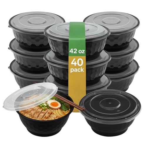Disposable Noodle Bowls with Lids – 42 oz Microwaveable Ramen & Soup Containers, Leak-Resistant, BPA-Free, Stackable Food Storage for Restaurants & Takeout – 40 Sets, Black - color: Black, size: 42oz