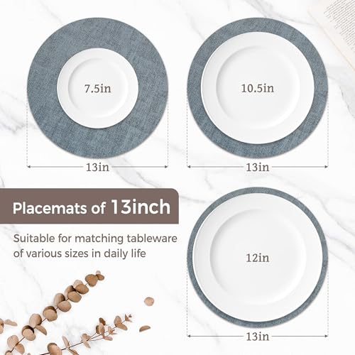 13" Round Placemats Set of 6, Reversible Faux Leather Wipeable Table Mats - color: Light Blue