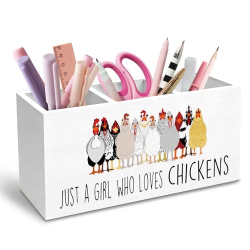 Just a Girl Who Loves Chickens Pen Holder for Desk, Chicken Lover Mom Lady Gifts Pencil Organizer, Funny Farm Rooster Hen Wooden Box Sign Desk Decor for Home Office Decoration - color: CHICKENS-3size