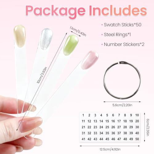 BQAN Nail Swatch Sticks 50Pcs Clear with Ring & 2Pcs Number Stickers - color: Clear-50Pcs