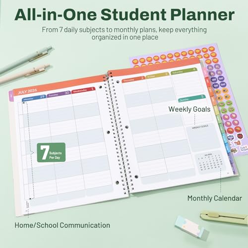 Student Planner 2026-2027, SUNEE Middle or High School Student Planner for Academic Year Jul. 2026 - Jun. 2027, 8.5"×11" Lesson Plan Book with 3-Hole Punched, Bookmark, Planning Stickers, Green Waves - color: Green Waves, size: A4 8.5"×11"