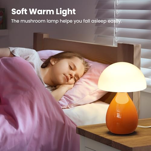 Mushroom Lamp, Mini Modern Lamp Small Vintage Table Bedside Nightstand Light, Small Light Dimmable for Bedroom, Living Room, Ceramic Base Glass Home Decor for Woman Children Gifts - color: White Orange