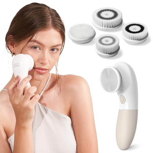 Vanity Planet Raedia Facial Cleansing Brush - Electric Facial Cleansing Brush with 4 Exfoliating Brush Heads - Waterproof, Handheld, Lightweight for Face Scrubber and Exfoliating Face - Warm Grey - color: Warm Gray