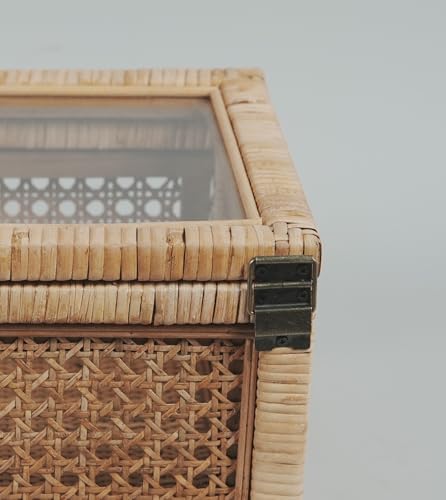 Rattan Display Box for Home Decor with Lid - Rectangular Coastal Bohemian Style Stackable Decorative Storage Box Set - Handmade from Natural Rattan, Cedar & Real Glass