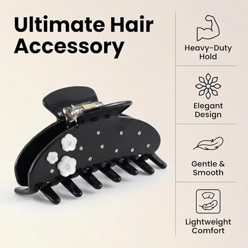 Black Hair Claw Clip with Flowers, 4 Inch Large Hair Clips for Women - color: Black