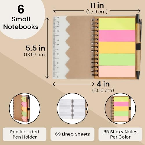 Juvale School Supplies Pocket Notebook & Pen - 4 x 5.5 in, Brown Cover, 6-Pack - Lined Mini Notepad Spiral Journal with Elastic Pen Holder - 65 Tabs & Ruler Sheet