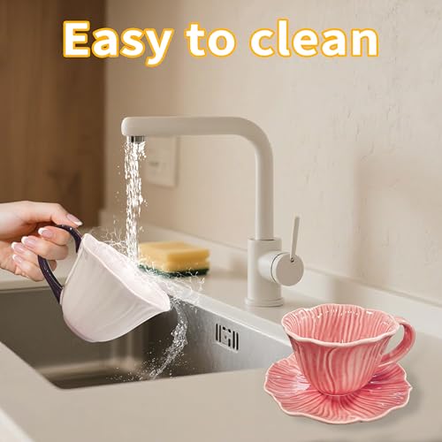 10 oz Tea Cups and Saucers, Ceramic Flower-shaped Cappuccino Cup, Latte Cup and Saucer set, elegant floral Espresso Cup set, Suitable for microwave and dishwasher-Pink - color: Pink