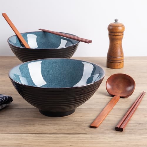 40oz Japanese Ceramic Ramen Bowl Set of 2 with Chopsticks and Spoons for Pho Udon Asian Soup Noodles (Blue Glaze) - color: Blue Glaze