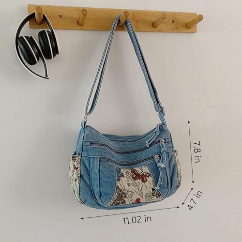 Black Denim Purse Crossbody Bags, Boho Hobo Crossbody Bags for Women, Casual Hippie Travel Purse with Lots of Pockets - color: Light Blue