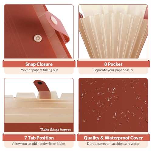 SKYDUE File Folder with Labels, Accordion File Organizer with 8 Pockets, Portable Document Organizer, A4 Letter Size, Paper Organizer for Office, Brown - color: Brown