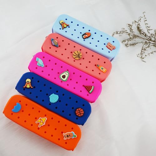 Cute Silicone Pen Case Pen Pouch with DIY Holes and 3 Decoratives(Random) Travel Makeup Brush Bag suitable for travel home7.81inch (Sea Blue,2 Packs) - color: Sea Blue,2 Packs