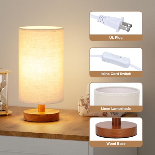 Fenmzee Small Table Lamps (Beige Shade - Walnut Base, 9" Inline Control) - color: Beige Shade - Walnut Base