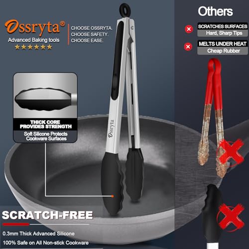 Kitchen Tongs with Silicone Tips - Heat Resistant 600°F Stainless Steel Cooking Tong Set, Non-Stick 7" 9" 12" Locking Silicone Tongs for Cooking, Grilling, Serving & Baking (3-Piece, Black) - color: Black 3 Pieces, size: 7+9+12 inch