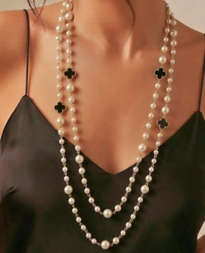 Long Pearl Necklace for Women Layered Lucky Clover Jewelry Gift - color: Black Clover