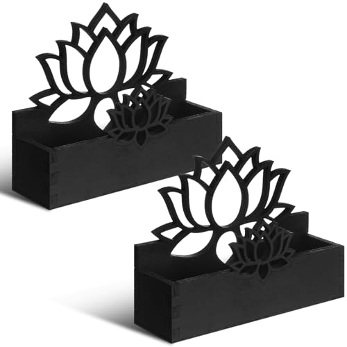 Qunclay 2 Pack Lotus Flower Business Card Holder, Wooden Decorative Business Card Holders for Desk Postcard Organizer Display Stand for Office Desktop(Black) - color: Black