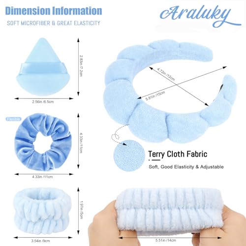 7Pcs Spa Set - Puffy Headband, Wristbands, Powder Puffs, Makeup Removal Terry Cloth Headband - Blue - color: Blue