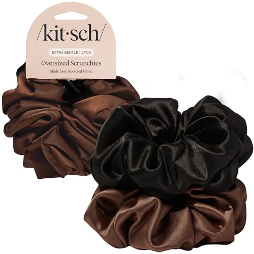 Kitsch Recycled Satin Oversized Scrunchies - Black & Chocolate, 2pcs - color: Black & Coffee