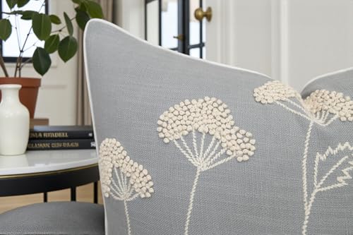 Rudransha Hand Embroidered Wildflower Throw Pillow Cover - 20x20 Inch Light Grey Cotton - Blooming - color: Blooming-light Grey, size: 20" x 20" (Pack of 1)