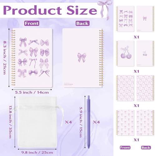 CNhoqc Purple Spiral Journal Notebook, 4 Sets A5 Ballpoint Pens Organza Bags - color: 4-Set Purple Bow
