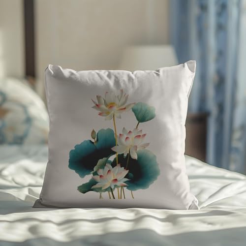 Lotus Flower Pillow Cover 18 x 18 Inches, Teal Leaf Zen Decor - color: Teal Lotus