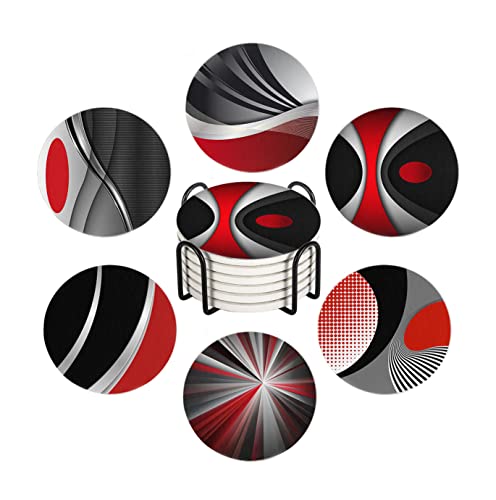 HUXJOKO Coasters for Drinks Set of 6,Modern Red Black Geometric Absorbent Ceramic Coaster,Round Stone Mat,with Cork Base and Metal Holder for Coffee Table Room Bar Home Decor Housewarming Gifts - color: Red Black Geometric, size: Round